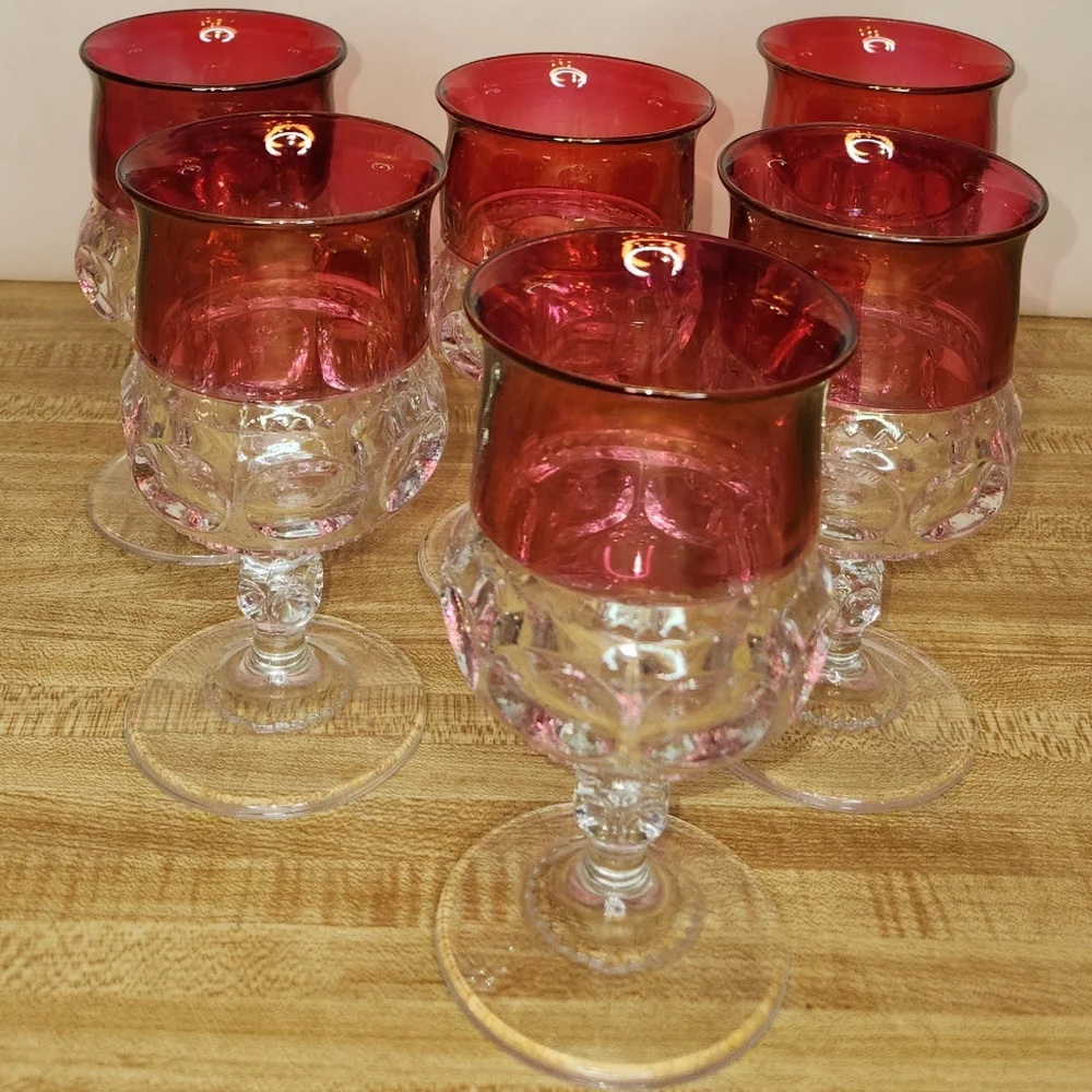 6 Indiana Tiffin King’s Crown Thumbprint Glass Ruby Globet Vintage